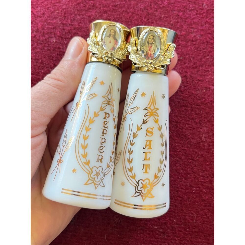 VTG Milk Glass Salt Pepper Shakers Religious Jesus Mary Gold Foil Set - Picture 8 of 14